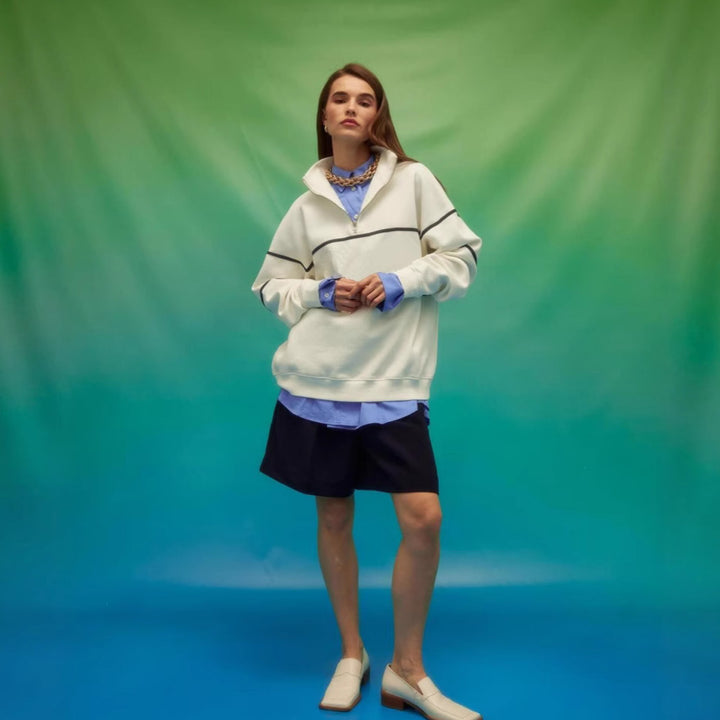 Kvinder Oversized Hoodie med Lynlås og Stribet Mønster Skovae