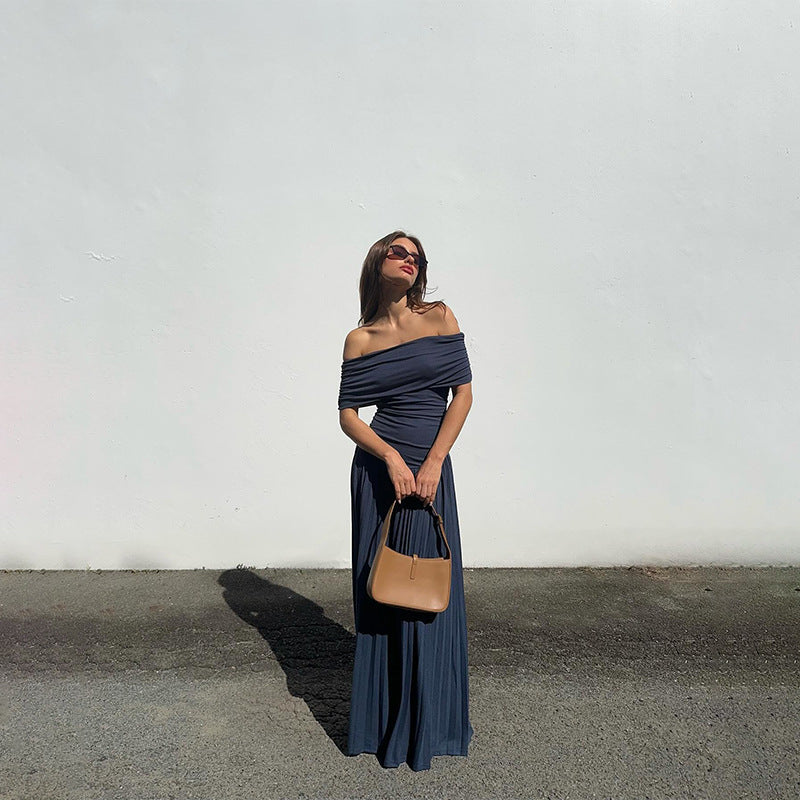 Dame Off-Shoulder Maxikjole med bløde rynker og elastisk talje Stilla