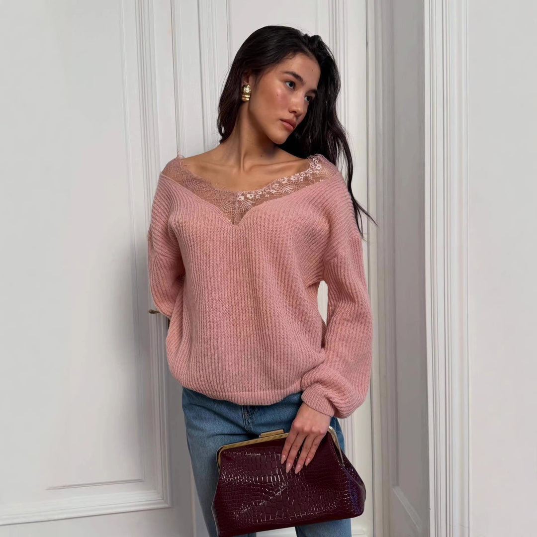 Dames strikket sweater med romantisk blonderkrave Stilla