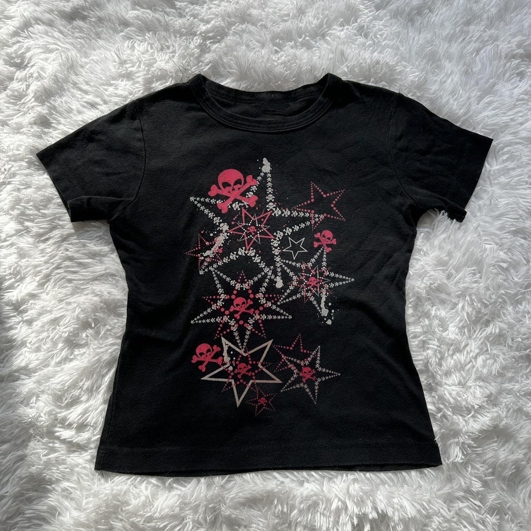 Dame T-shirt med kreativt skull-design og iøjnefaldende stjerne-print Skovae
