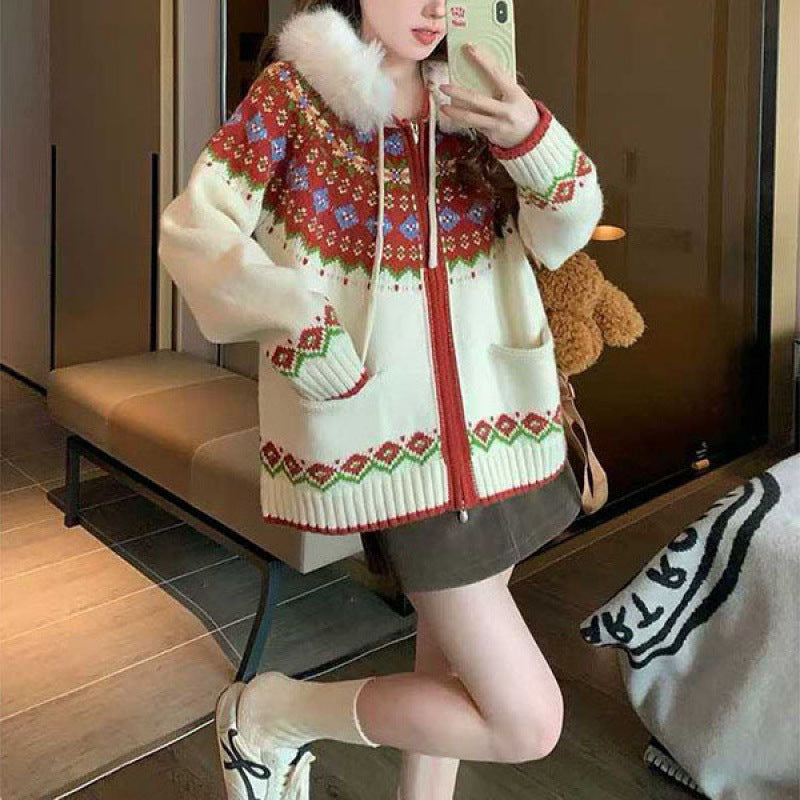 Kvinders cardigan med trendy norsk mønster og luksuriøs faux fur krave Stilla
