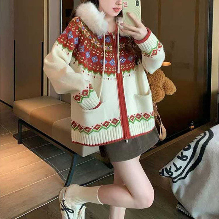Kvinders cardigan med trendy norsk mønster og luksuriøs faux fur krave Stilla