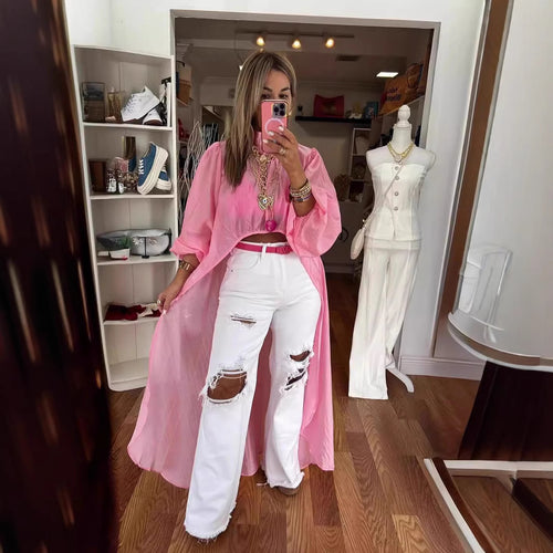 Dame transparent Longbluse med raffinerede pufærmer og elegant snit Stilla