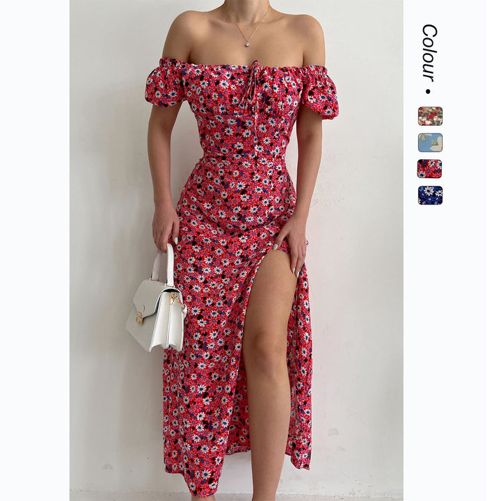 Women's Off-Shoulder Maxi Dress with Floral Design and Elegant Slit Skovae