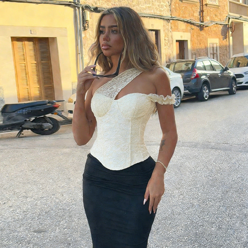 Dame korset top med legende blonder og off-shoulder design