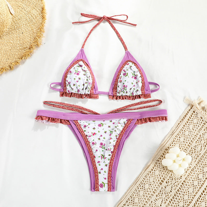 Dame Triangel-Bikini med legesyge flæsedetaljer og blomsterdesign Stilla
