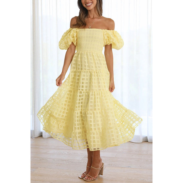 Dame Off-Shoulder Maxi-Kjole med Flæse og Ternet Mønster Stiila