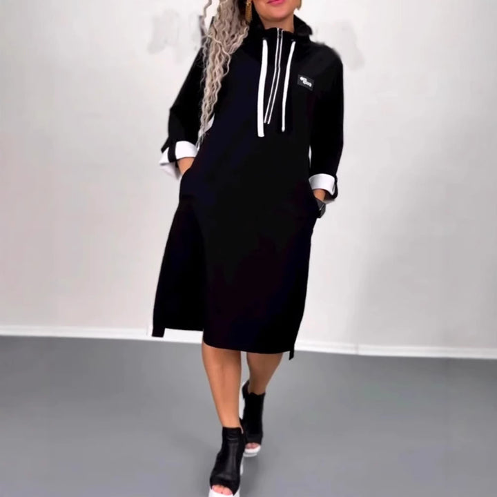Dame nan Hoodie-Midikjole med hætte, snortræk og opkradsel manchetter Skovae