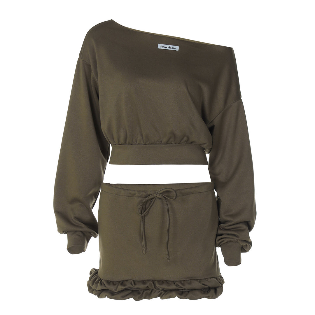 Dame Casual Sweatshirt og Kort Nederdel Sæt med Rynket Kant og Asymmetrisk Design Stilla