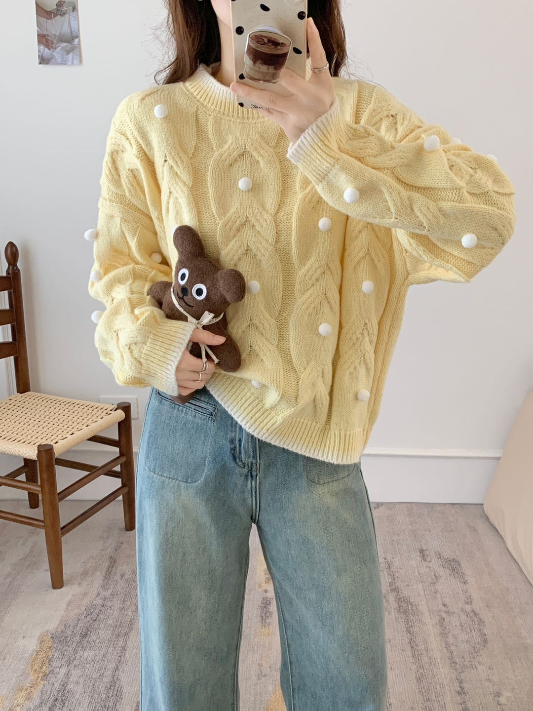 Kvinders chunky strik oversized sweater med afslappet kabelmønster og legende applikationer Stilla