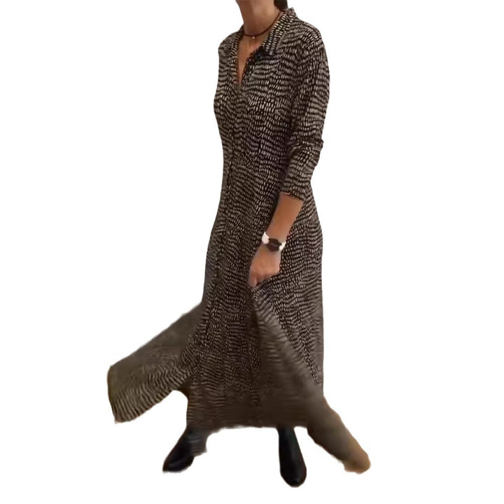 Dame nan flydende Maxikjole med skjortekrave, V-udskæring, trekvartærmer og sidelommer Skovae