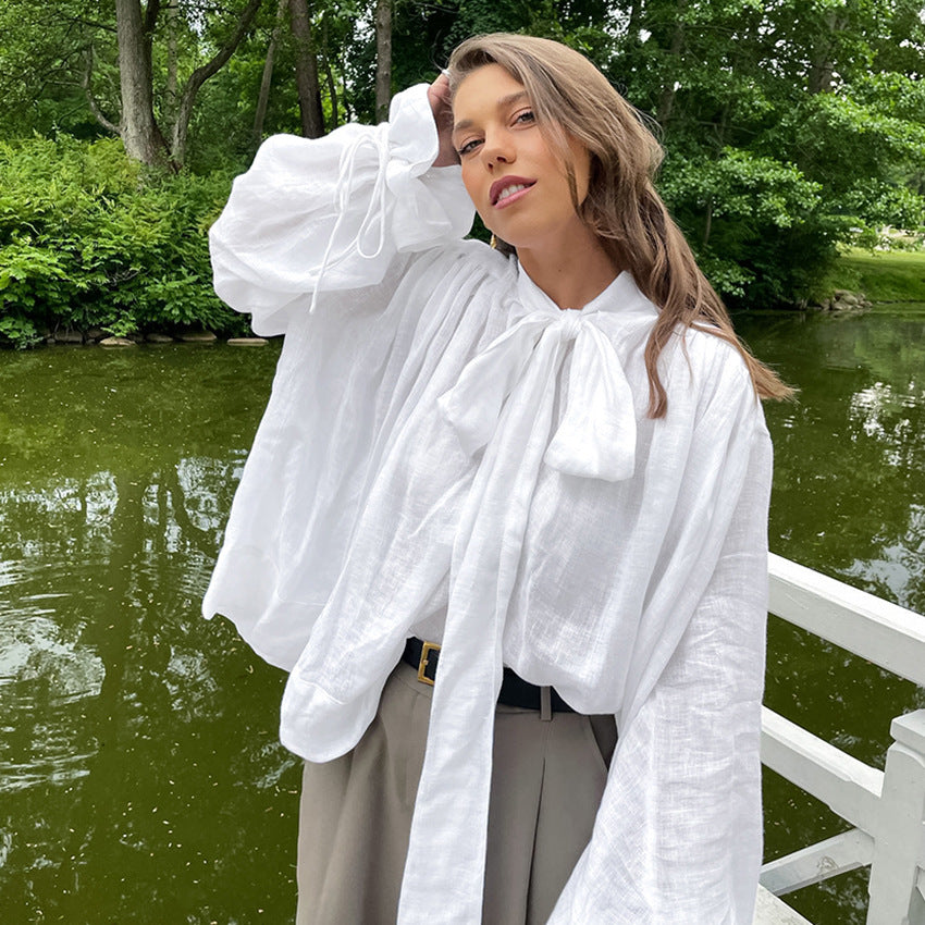 Dame Utility Bluse med elegant sløjfe og bredde ærmer Stilla