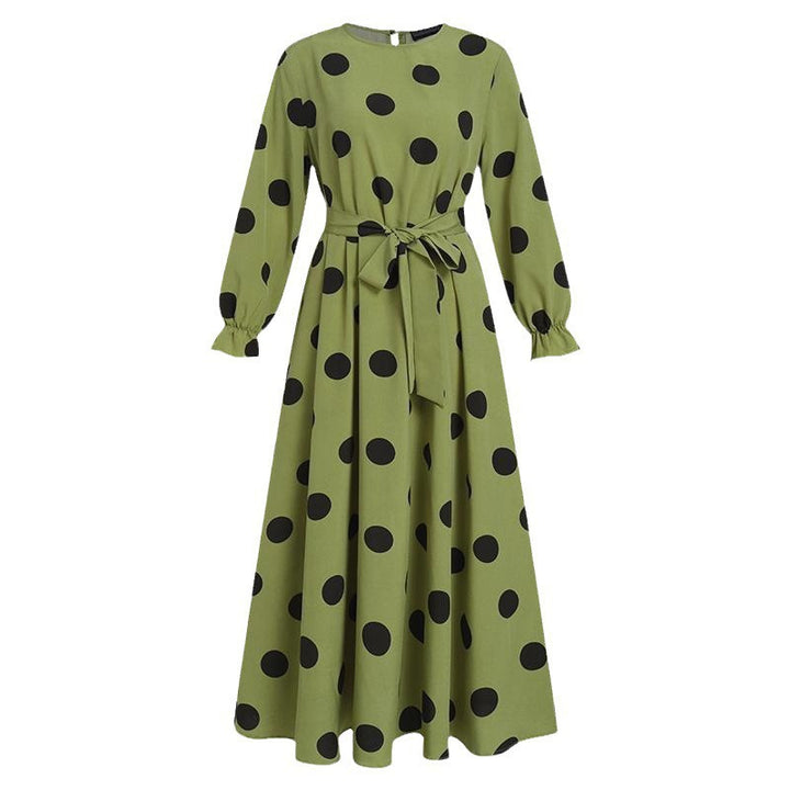 Dame maxikjole med legesygt polka-dot mønster og taljebælte Stilla