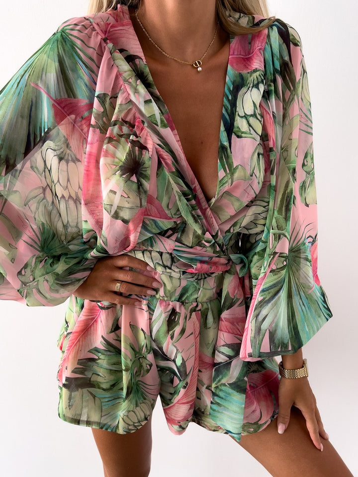 Kvinder Elegant Bohemian Print Wrap Playsuit Stilla