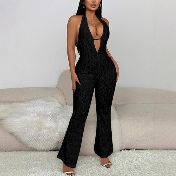 Dame elegant jumpsuit med dyb V-udskæring og spidsedetaljer Skovae