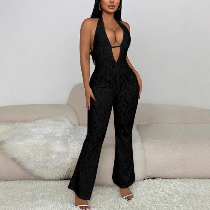 Dame elegant jumpsuit med dyb V-udskæring og spidsedetaljer Skovae