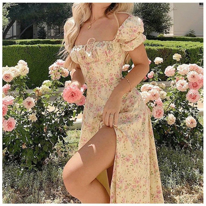 Dame Midi Kjole med Puffærmer og Blomsterprint Stilla