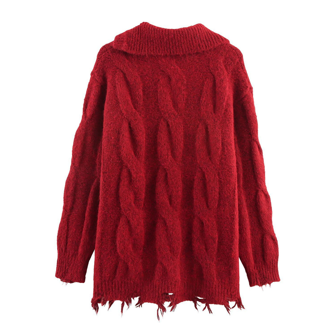 Dame grovstrikket pullover med moderne krave og knapdetaljer Stilla