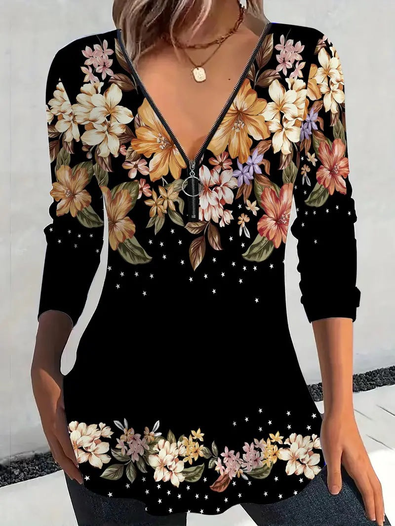 Damebluse med blomsterprint og lynlås Stilla