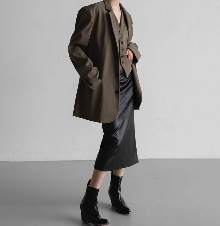 Dame Elegant Midi-skirt lavet af høj kvalitet kunstlæder med smal pasform og sømløst design Stilla