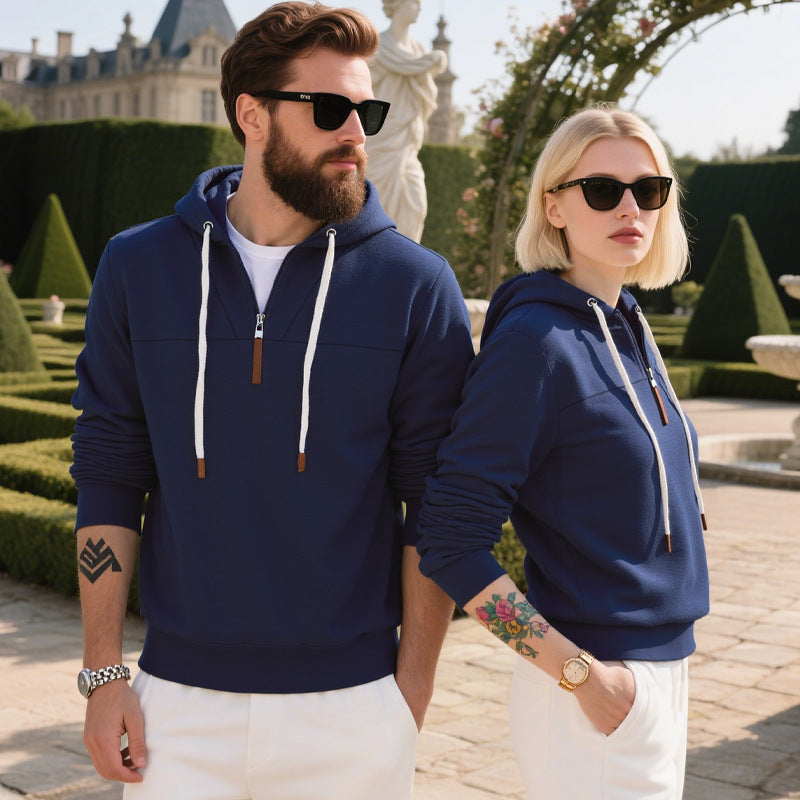 Herrer nan blødt fleece-hoodie med halvlang lynlås og justerbar hætte Skovae