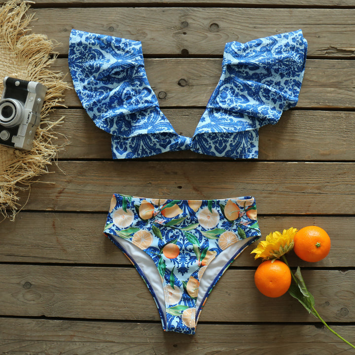 Dame Bikini-sæt med voluminøse rynkede ærmer og frugtagtig design Stilla