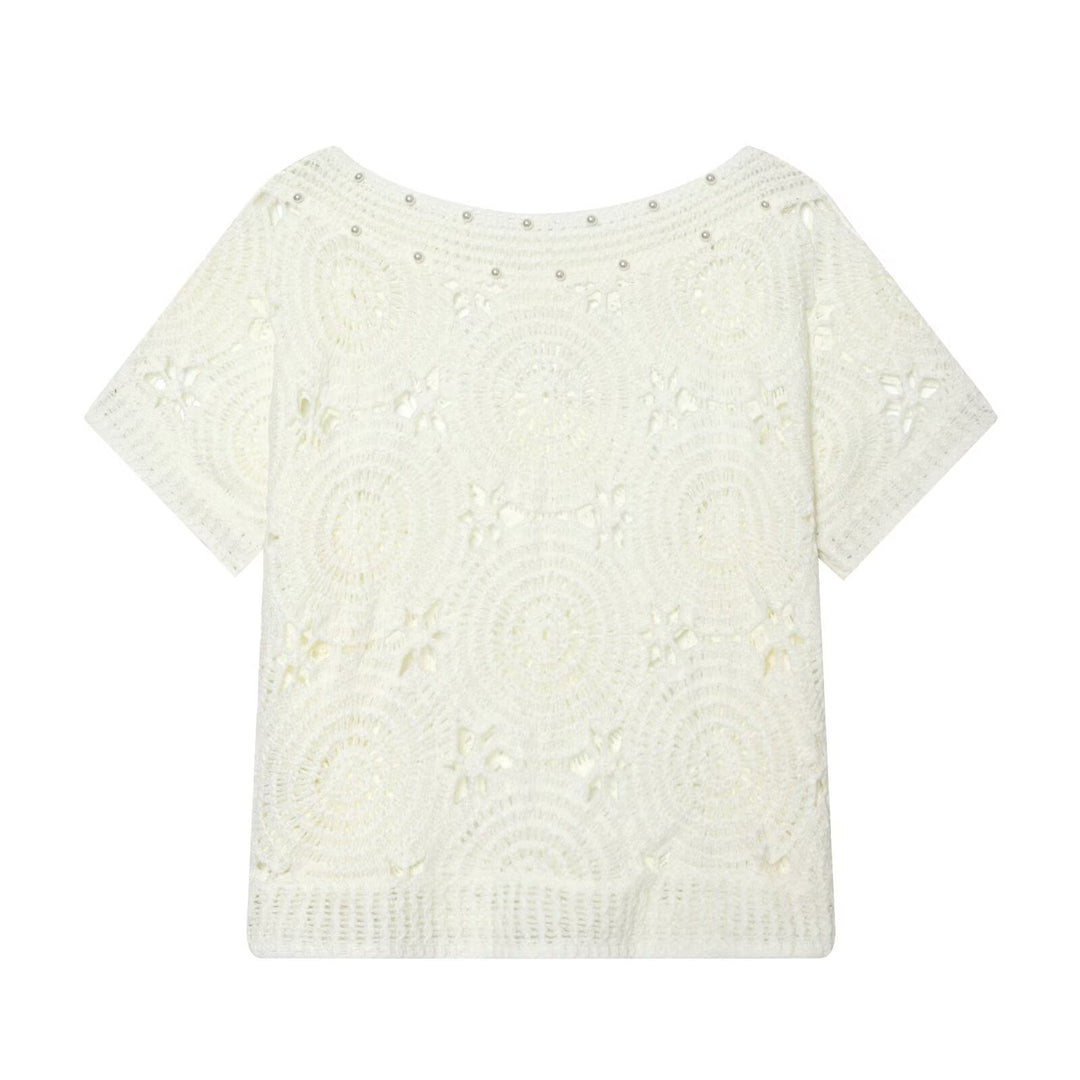Dame spids T-shirt med luksuriøs blomsterbroderi og dekorative perler Skovae