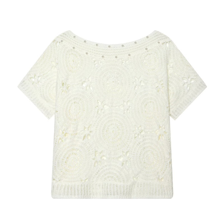 Dame spids T-shirt med luksuriøs blomsterbroderi og dekorative perler Skovae