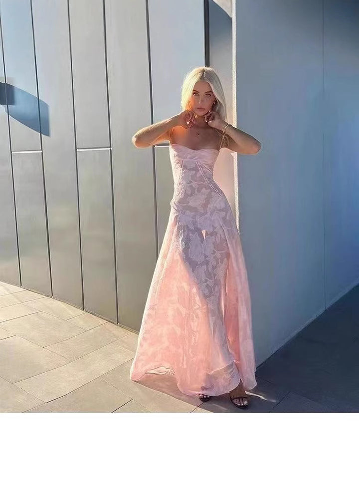 Dame Maxikjole i gennemsigtigt spidsestof med florale motiver Stilla