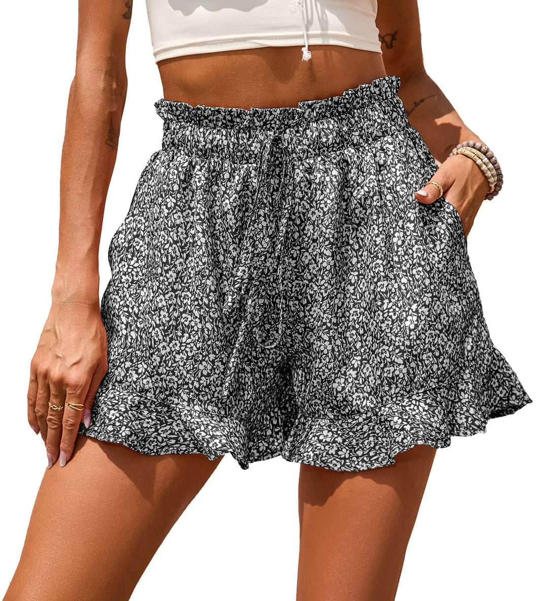 Dame let shorts med blomstermønster og elastisk talje Stilla