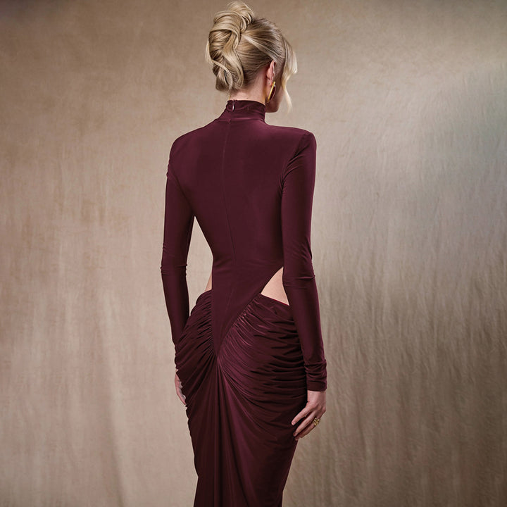 Dame elegant langærmet kjole med raffineret draperingseffekt Skovae
