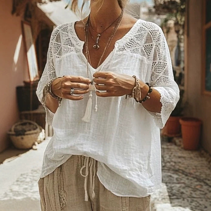 Dame nan locker faldende Tunika-bluse i Boho-stil med hæklet skulder- og ærmedetaljer Skovae