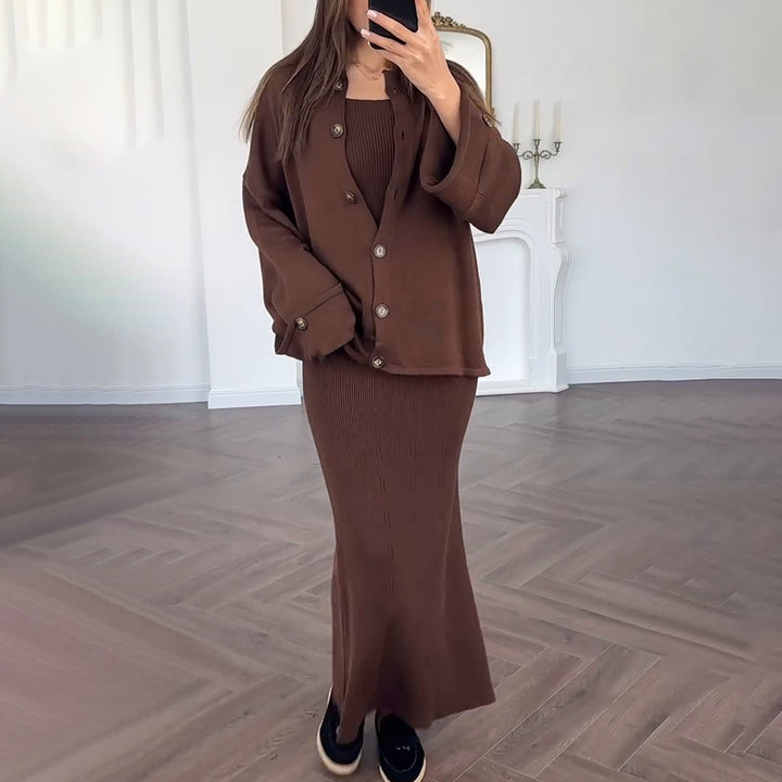 Damer elegant strikket kjole med matchende cardigan wrap Stilla