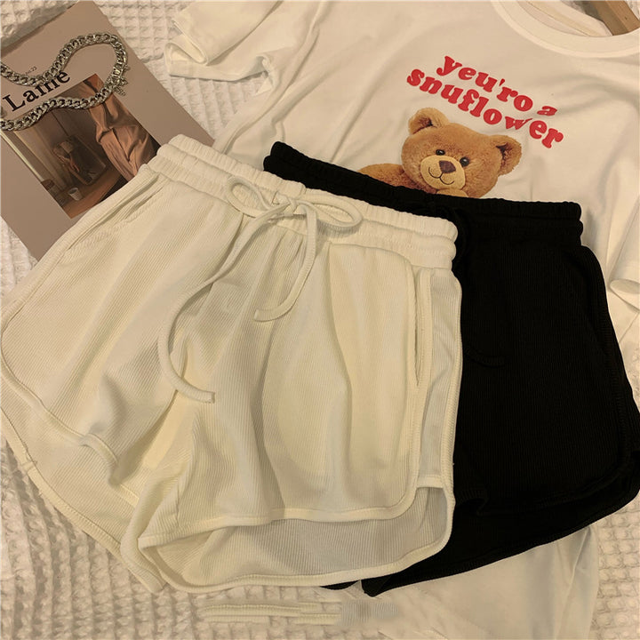 Dame Rib- Højtaljede Lounge-Shorts med Snøre Stilla