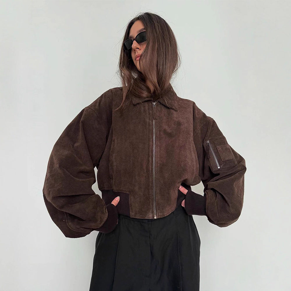 Dame Oversized Suede Jakke med Polstrede Ærmer Stilla