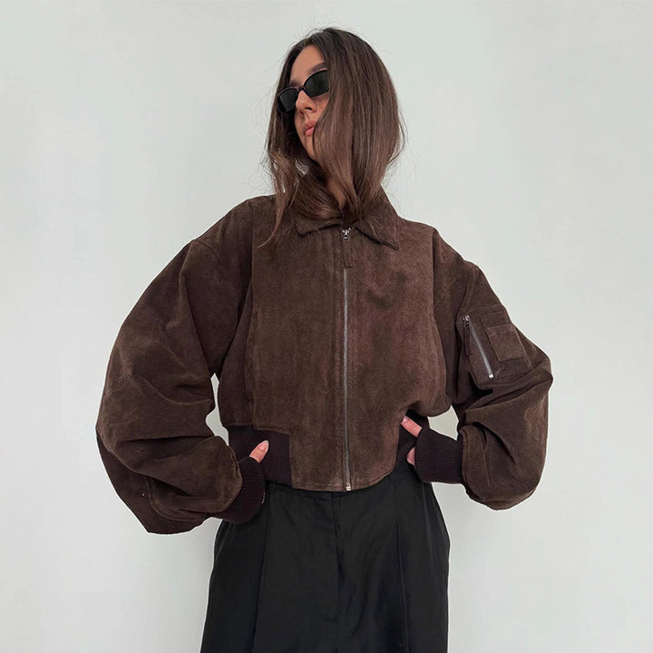 Dame Oversized Suede Jakke med Polstrede Ærmer Stilla