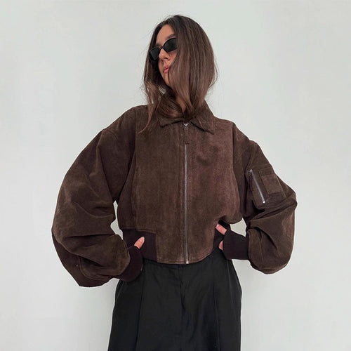 Dame Oversized Suede Jakke med Polstrede Ærmer Stilla