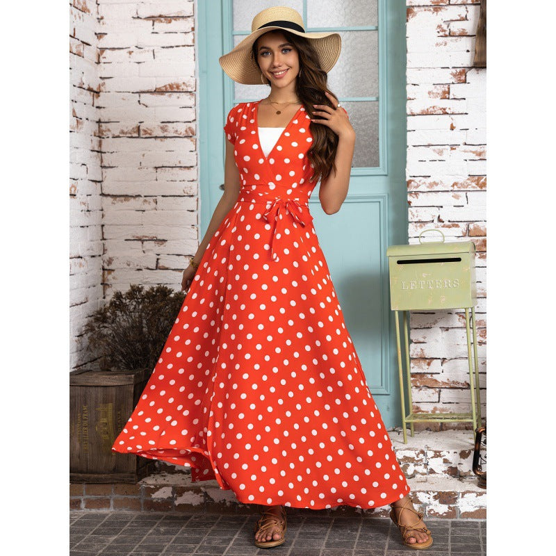 Dame Polka Dot Vinkel-Maxi-Kjole med bundet taljeområde Stilla