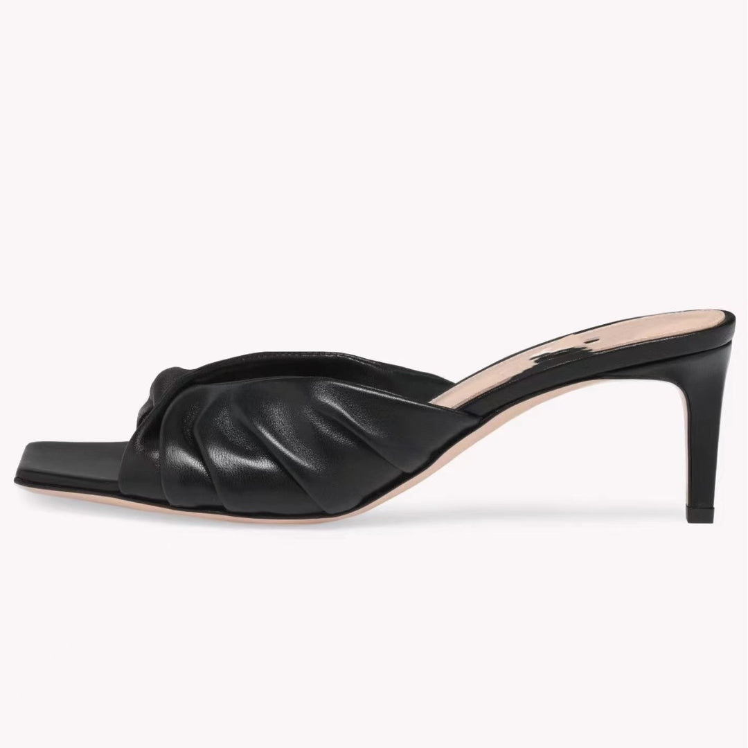 Dame Strappy Åben Tå Hæle Mules med Plissé-Detail  Stilla