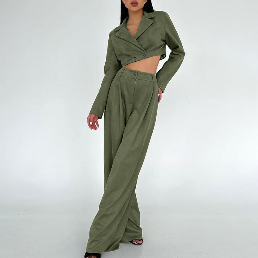 Dame Cropped Blazer og Vidde Bukser Sæt Stilla