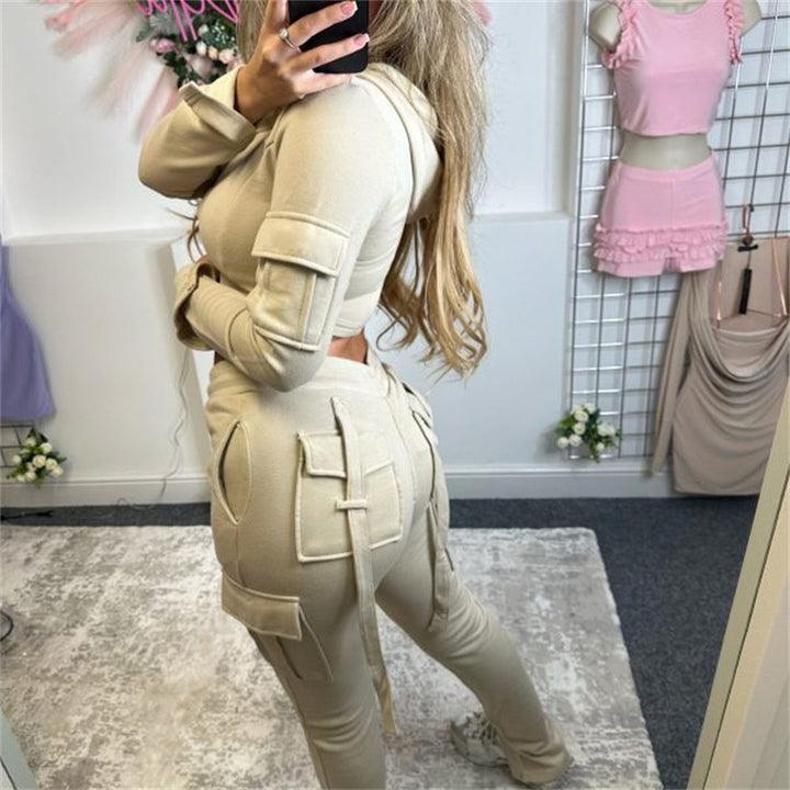 Kvindernes trendy hoodie og cargo joggebukser sæt Skovae