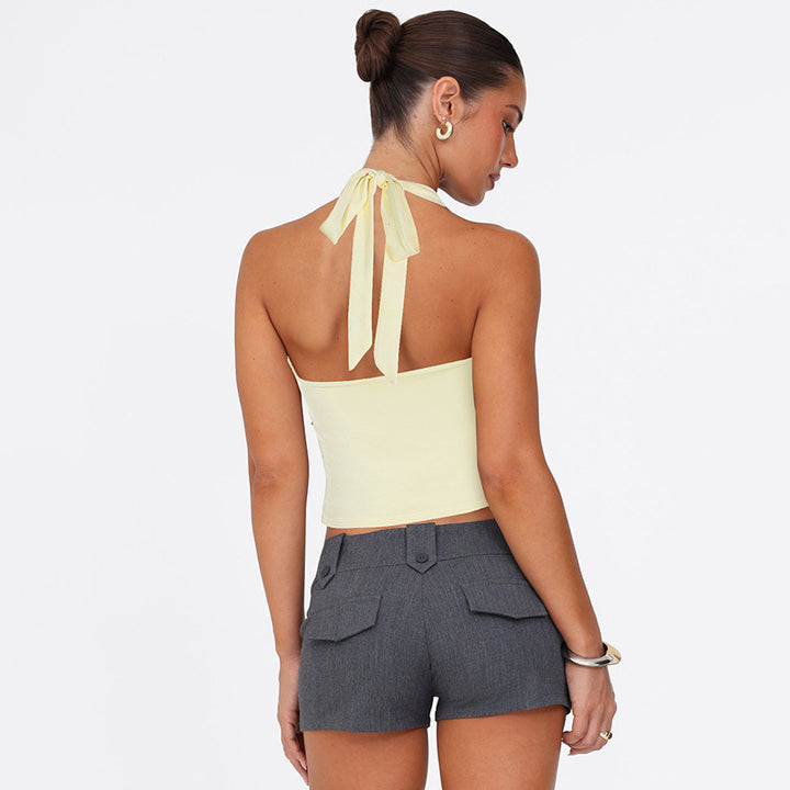 Dame Halter-top med rynkning og dekorativt ringsdetail Stilla