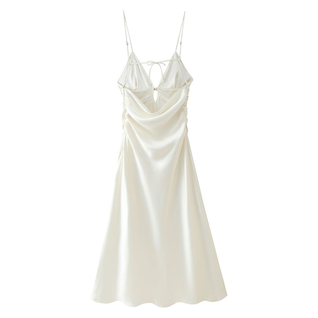 Femme Spaghetti-strop Satin Maxi-kjole med justerbart bindebånd Stilla
