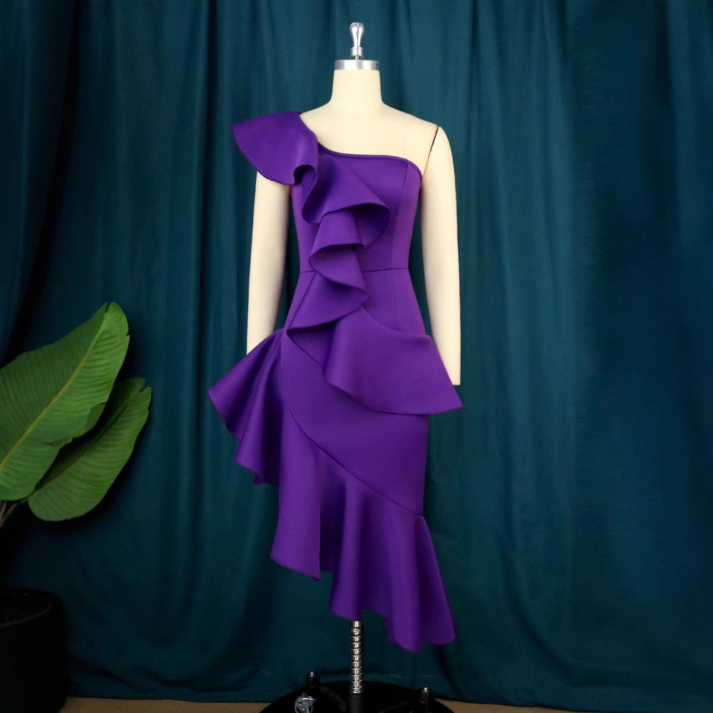 Dame Elegant Maxi Kjole med asymmetrisk flæse-design Skovae