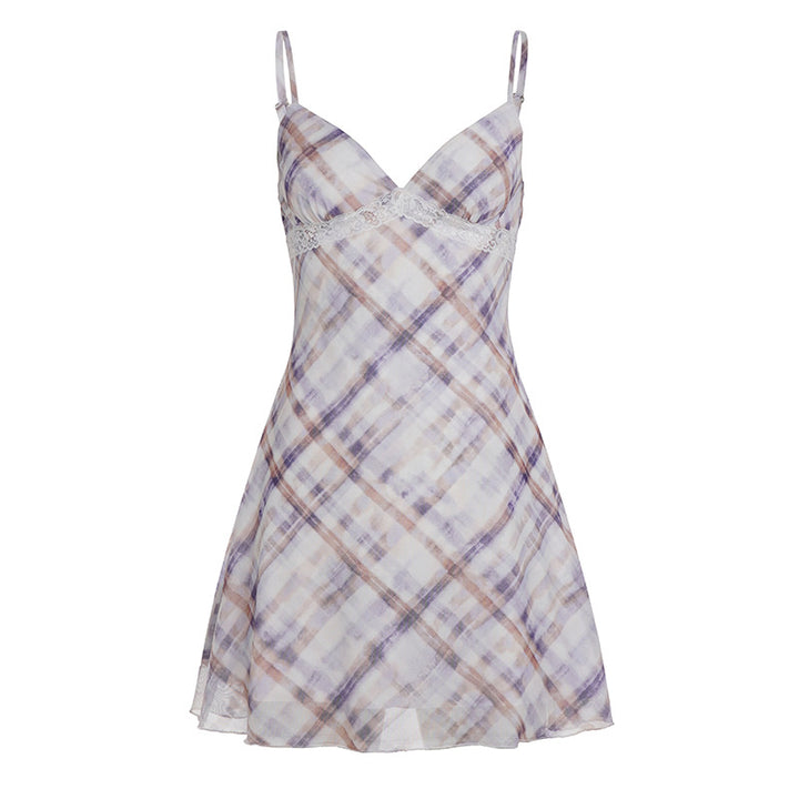 Damen ärmelloses Sommerkleid mit Spitze und kariertem Design Skovae
