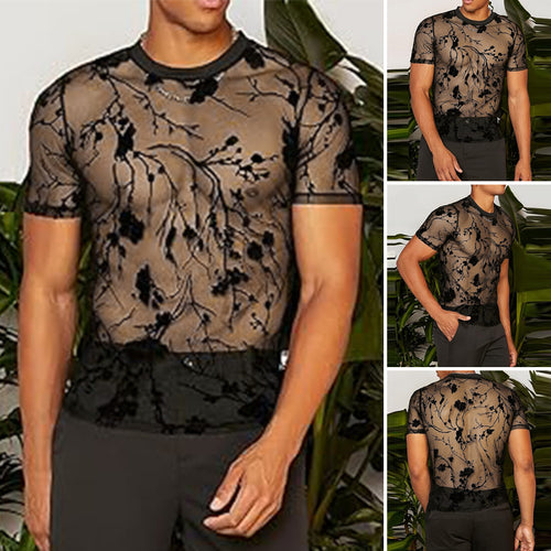 Damer nan transparent net-top med blomster velour broderi og rund halsudskæring Skovae