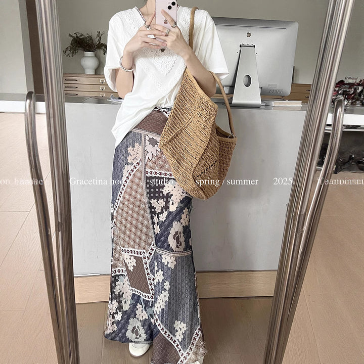 Dame Patchwork Maxi-nederdel med spidsedetaljer og flydende snit Stilla