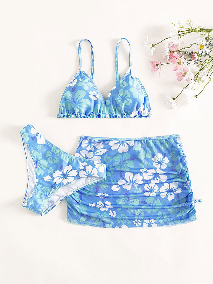 Dame bikini sæt med legesyg blomsterprint og justerbart skørt Stilla