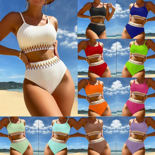 Damer Højskåret Ribbet-Bikini-Sæt med dekorativt Bælte Stilla