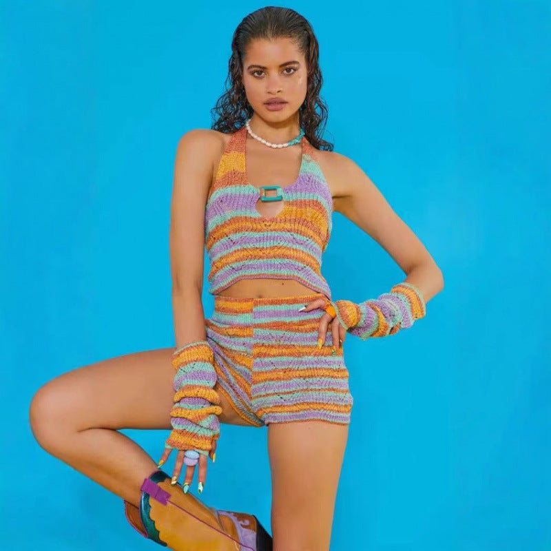 Kvinder Farverigt Strikket Crop Top og Shorts Sæt Stilla